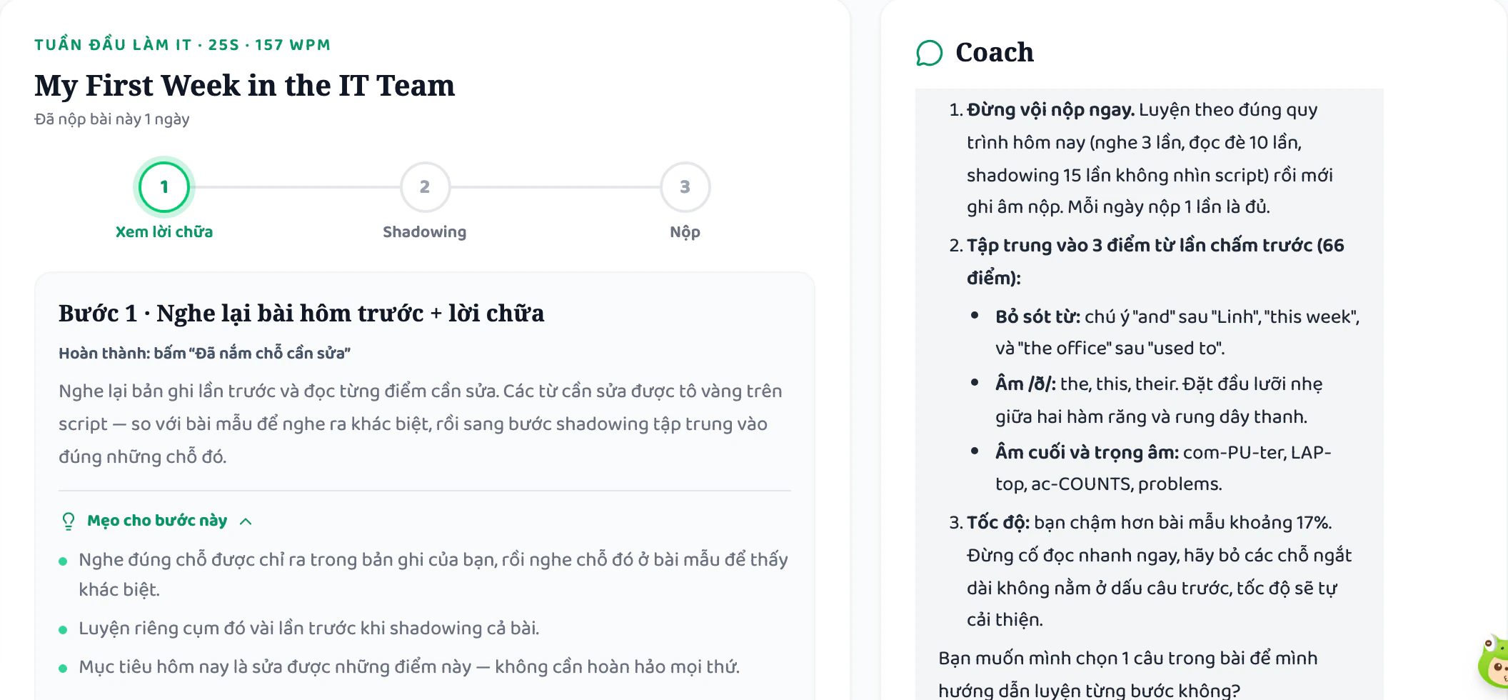 Coaching 1:1 với ba bước xem lời chữa, shadowing, nộp bài và khung nhận xét của Coach