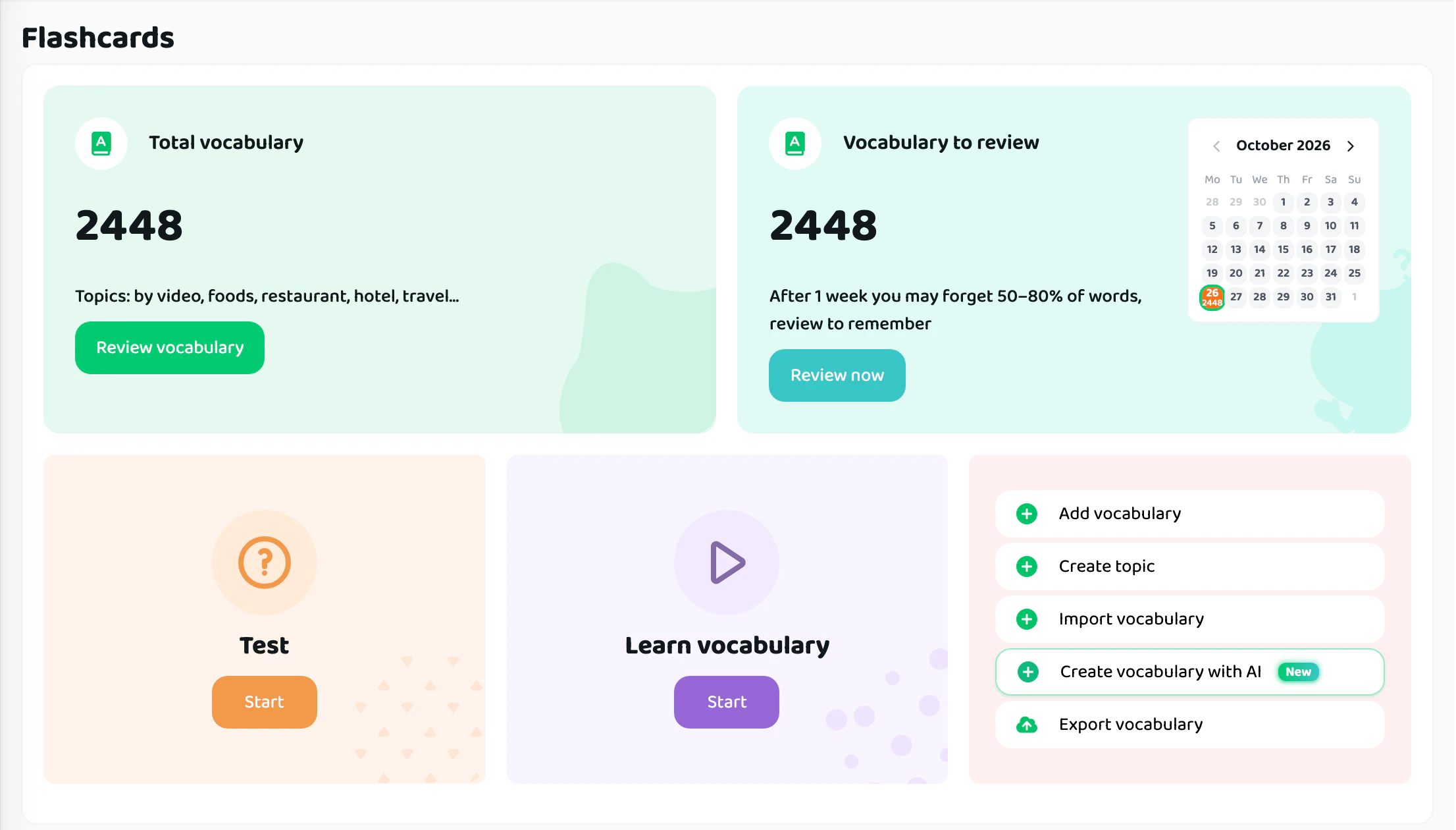 Flashcards page with total words, words to review, test and learn