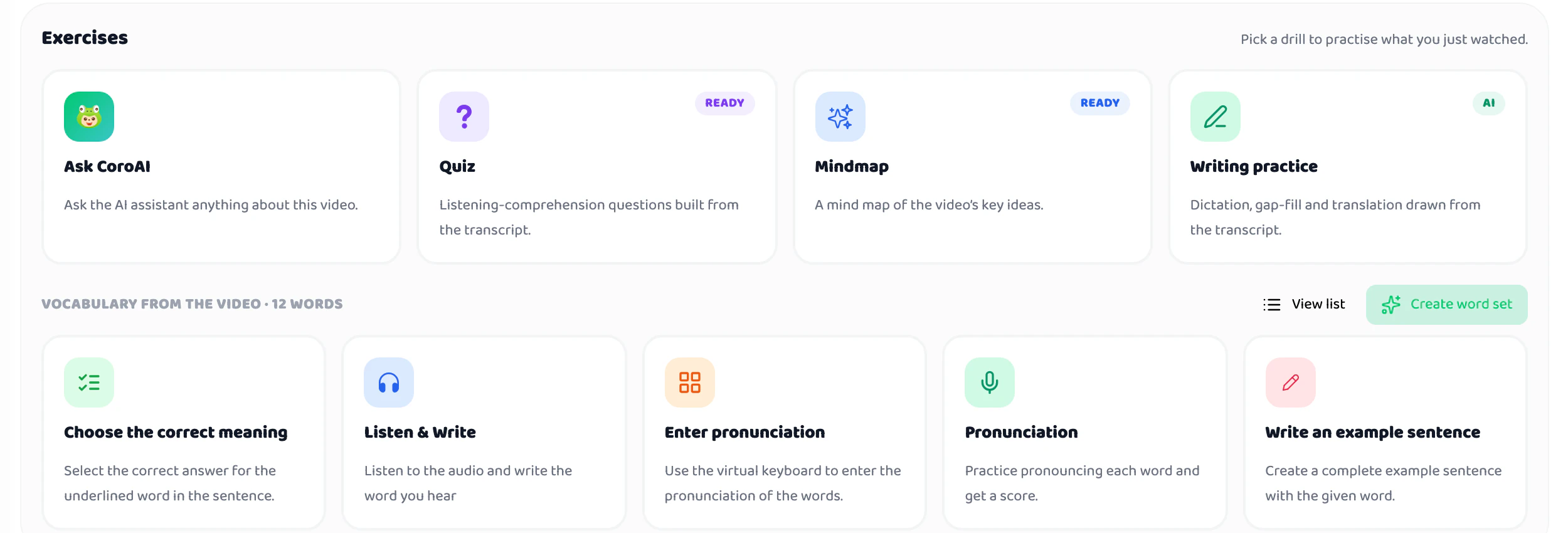 Exercises tab with Ask CoroAI, Quiz, Mindmap, Writing practice and vocabulary drills