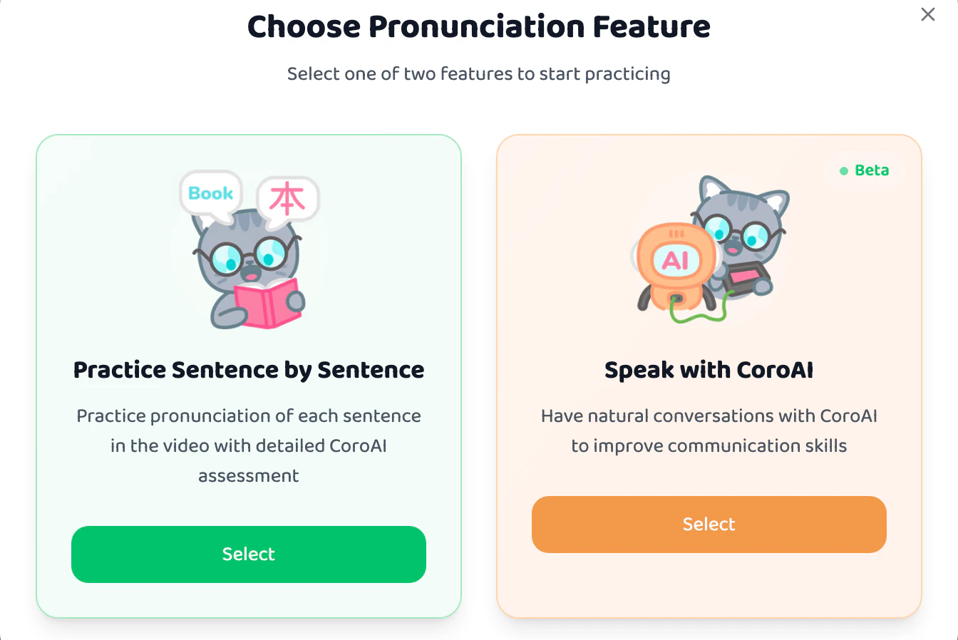 Choose Practice Sentence by Sentence or Speak with CoroAI