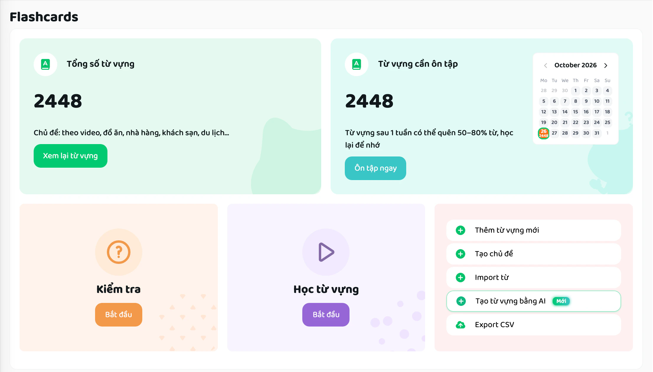 Trang Flashcards với tổng số từ, từ cần ôn tập, kiểm tra và học từ vựng