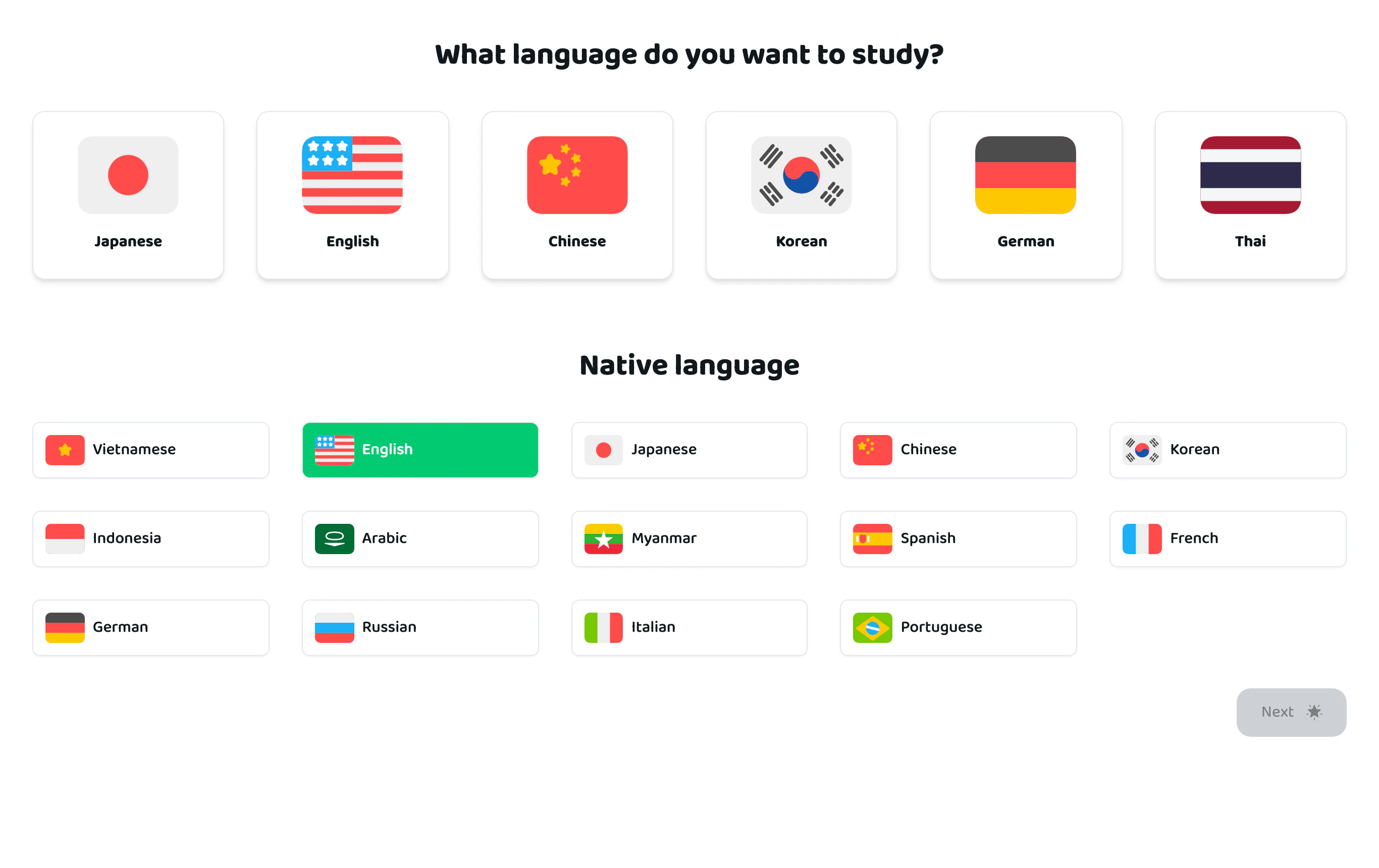 Choosing the study language and native language on Corodomo