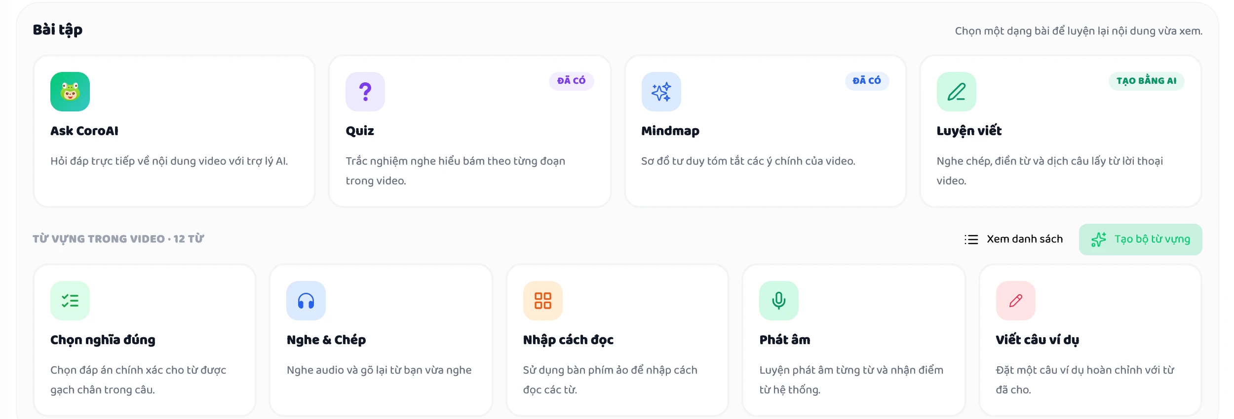 Tab Bài tập với Ask CoroAI, Quiz, Mindmap, Luyện viết và bài tập từ vựng