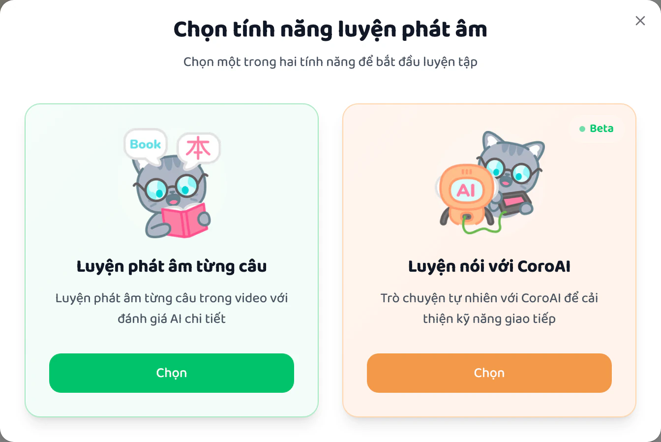 Chọn Luyện phát âm từng câu hoặc Luyện nói với CoroAI