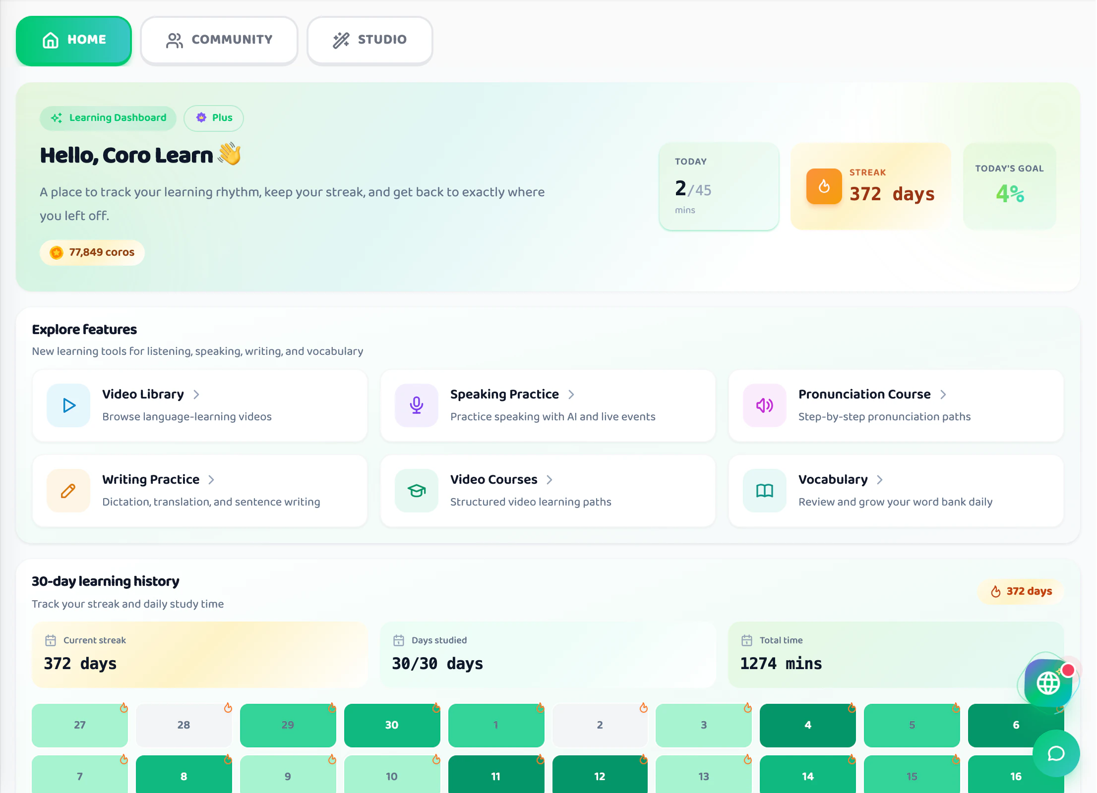 Corodomo learning dashboard with streak and 30-day history