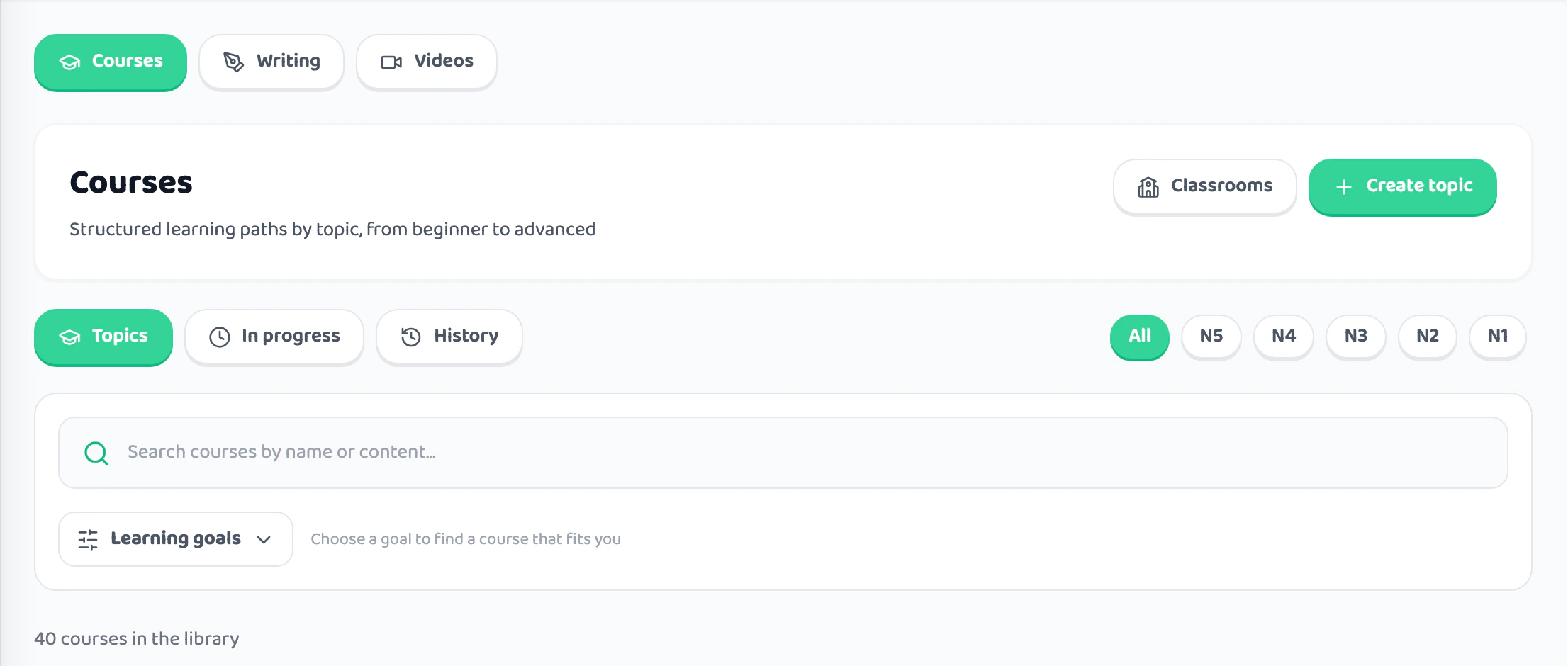 Courses page with level filters and learning goals