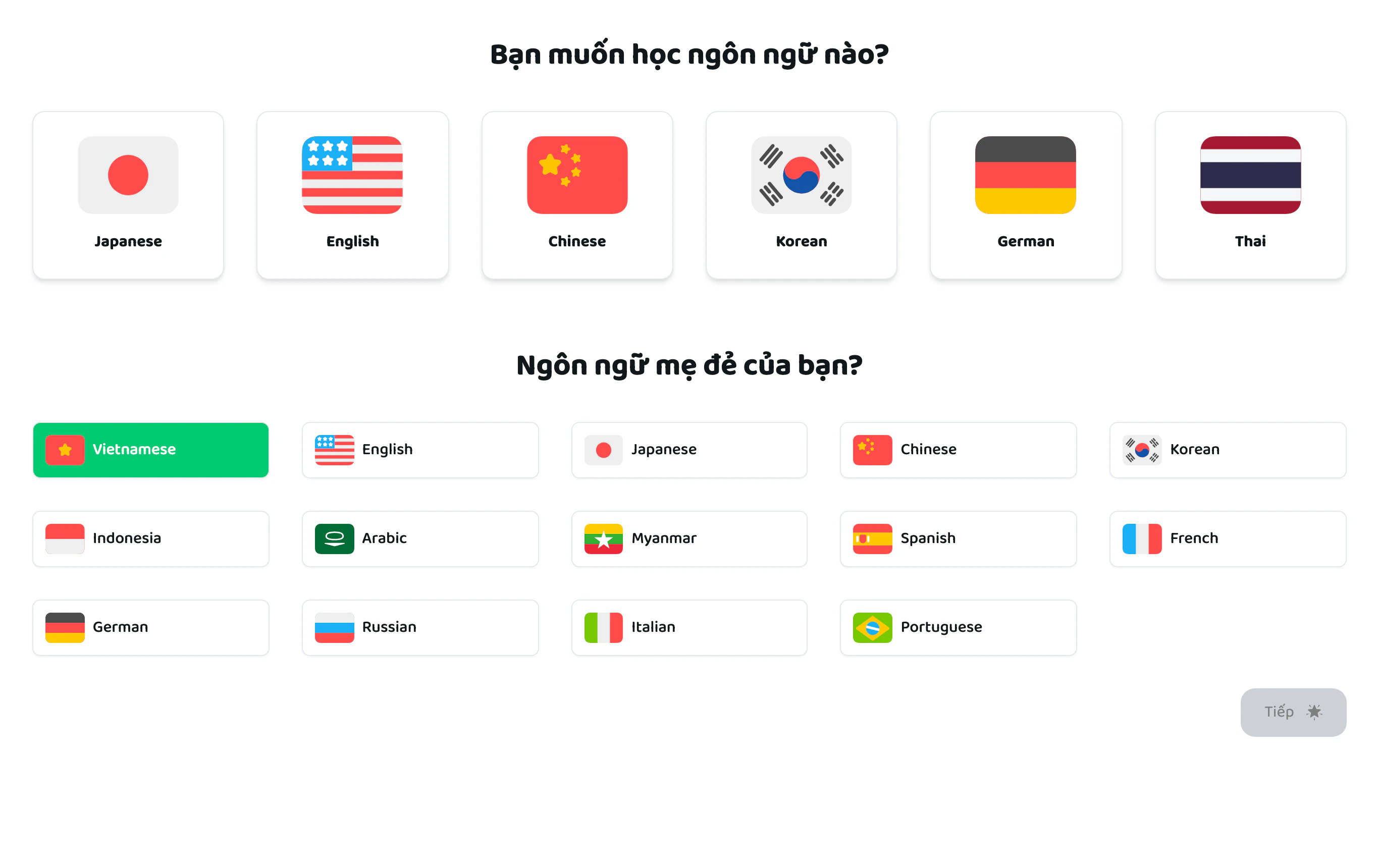 Màn hình chọn ngôn ngữ học và ngôn ngữ mẹ đẻ trên Corodomo